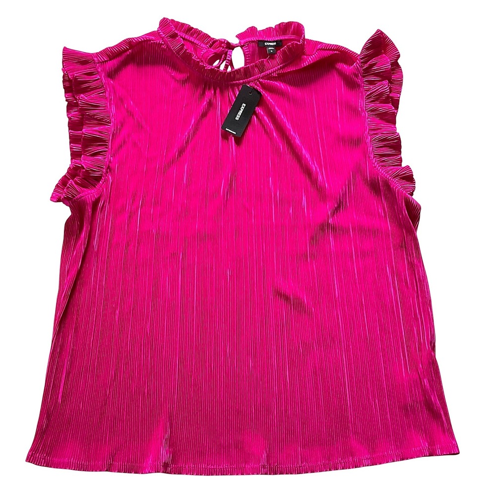 Express Womens Ribbed Mock Neck Flutter Sleeve Ruffle Top hot pink bright XL NWT